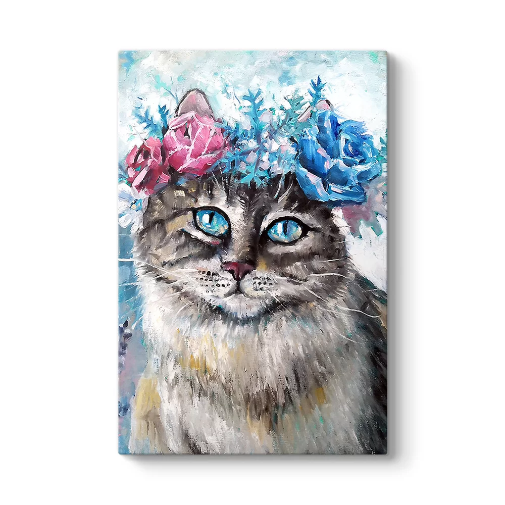 Çiçek Taçlı Kedi Tablosu